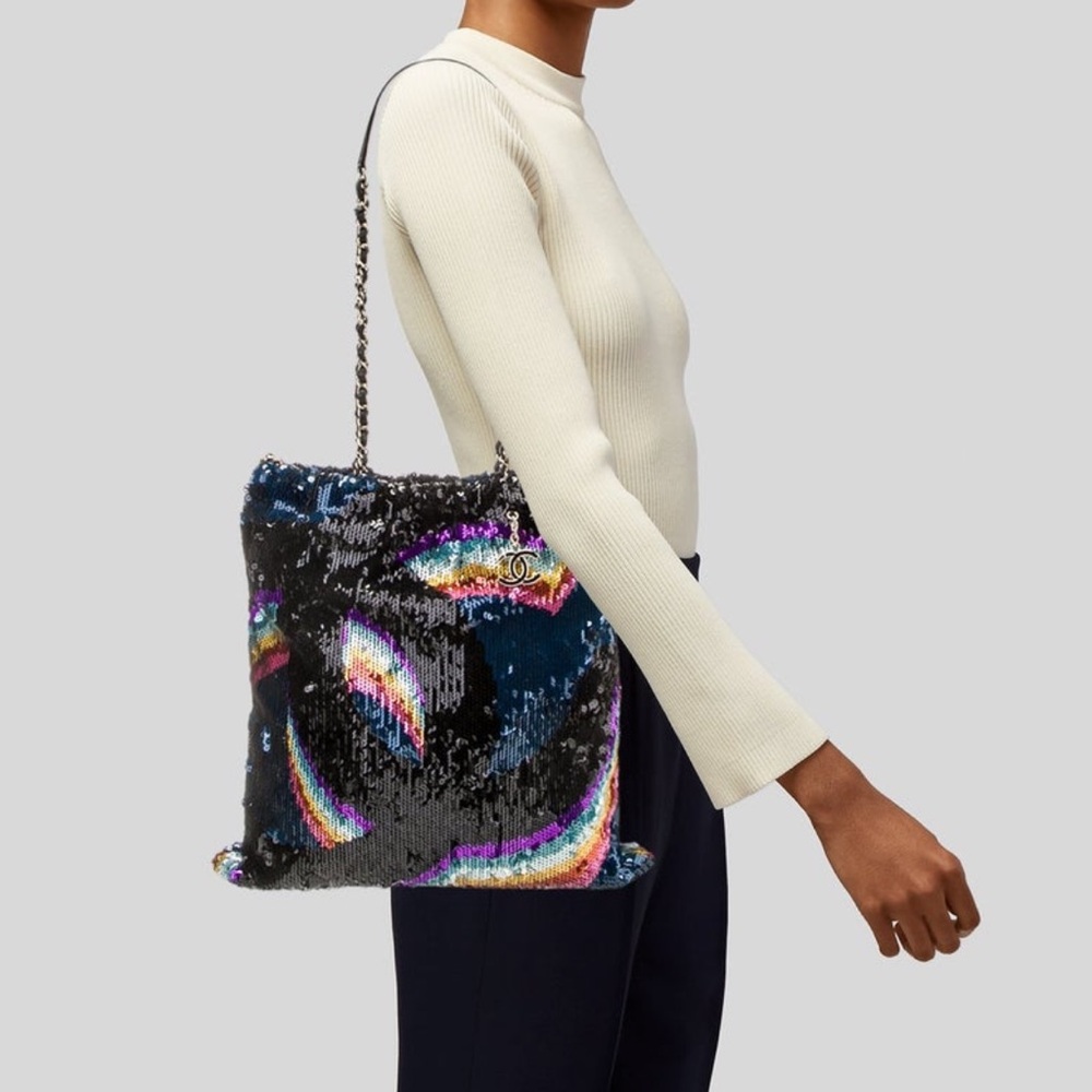 Chanel Sequins Rainbow Tote Bag with Black Accent Tote Large Purse 🌈